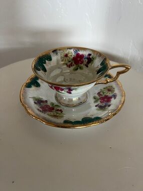 Vintage Floral Teacup and Saucer in Green and Gold